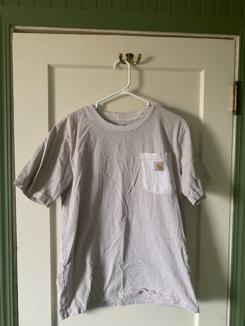 Carhartt Men’s Short Sleeve Pocket Tee | Cream with mustard and burgundy stripes